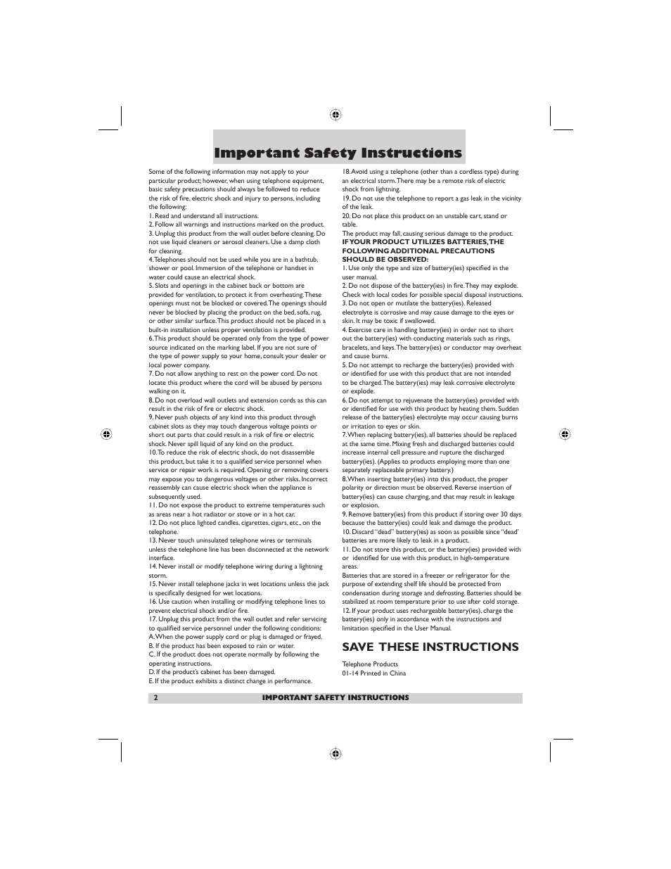 Important safety instructions, Save these instructions | Philips DECT2250G-37 User Manual | Page 4 / 57