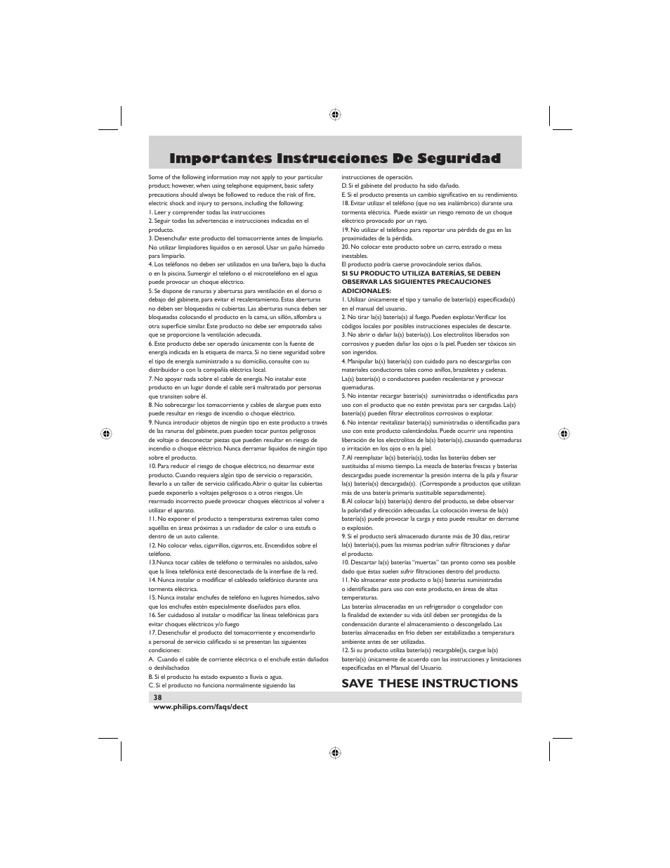 Importantes instrucciones de seguridad, Save these instructions | Philips DECT2250G-37 User Manual | Page 40 / 57