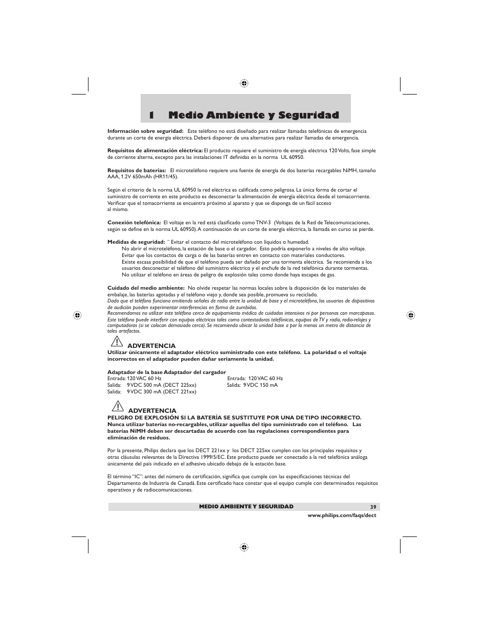 1 medio ambiente y seguridad | Philips DECT2250G-37 User Manual | Page 41 / 57