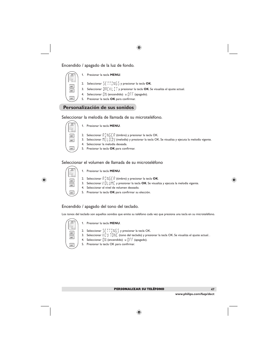 Personalización de sus sonidos, Encendido / apagado de la luz de fondo, Encendido / apagado del tono del teclado | Philips DECT2250G-37 User Manual | Page 49 / 57