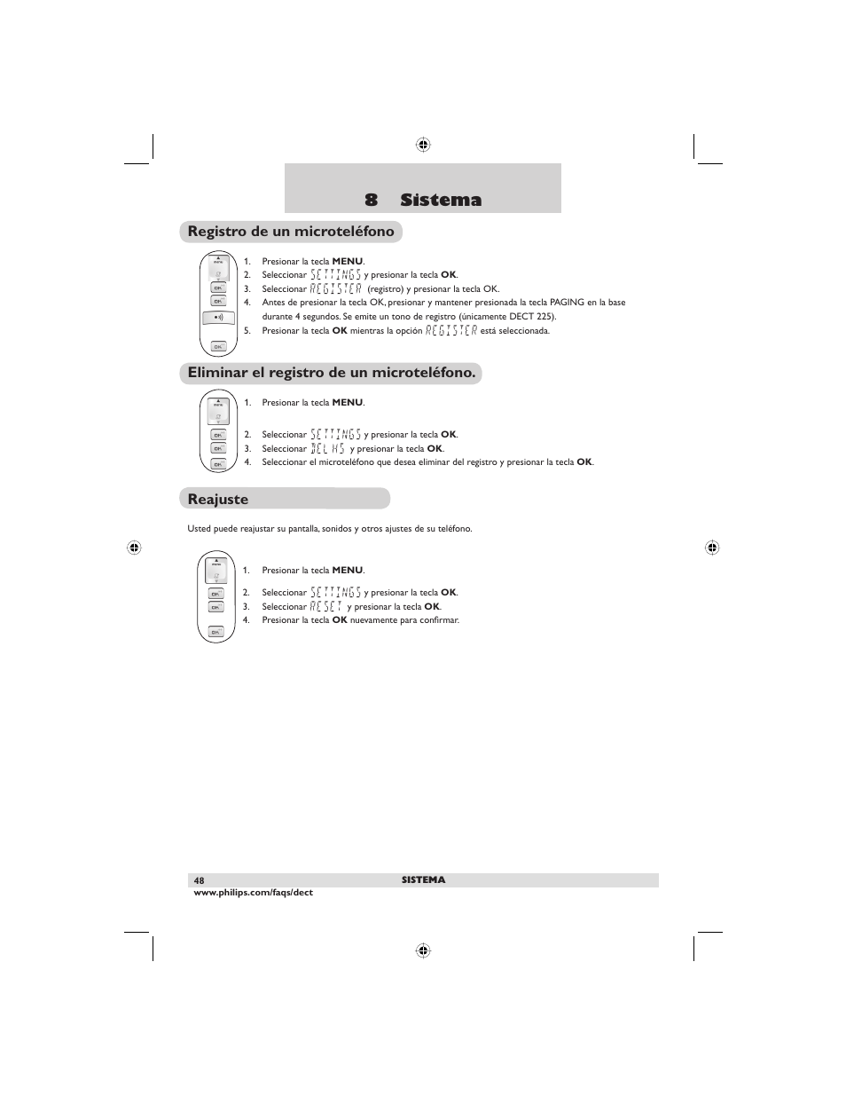 8 sistema, Registro de un microteléfono, Eliminar el registro de un microteléfono | Reajuste | Philips DECT2250G-37 User Manual | Page 50 / 57