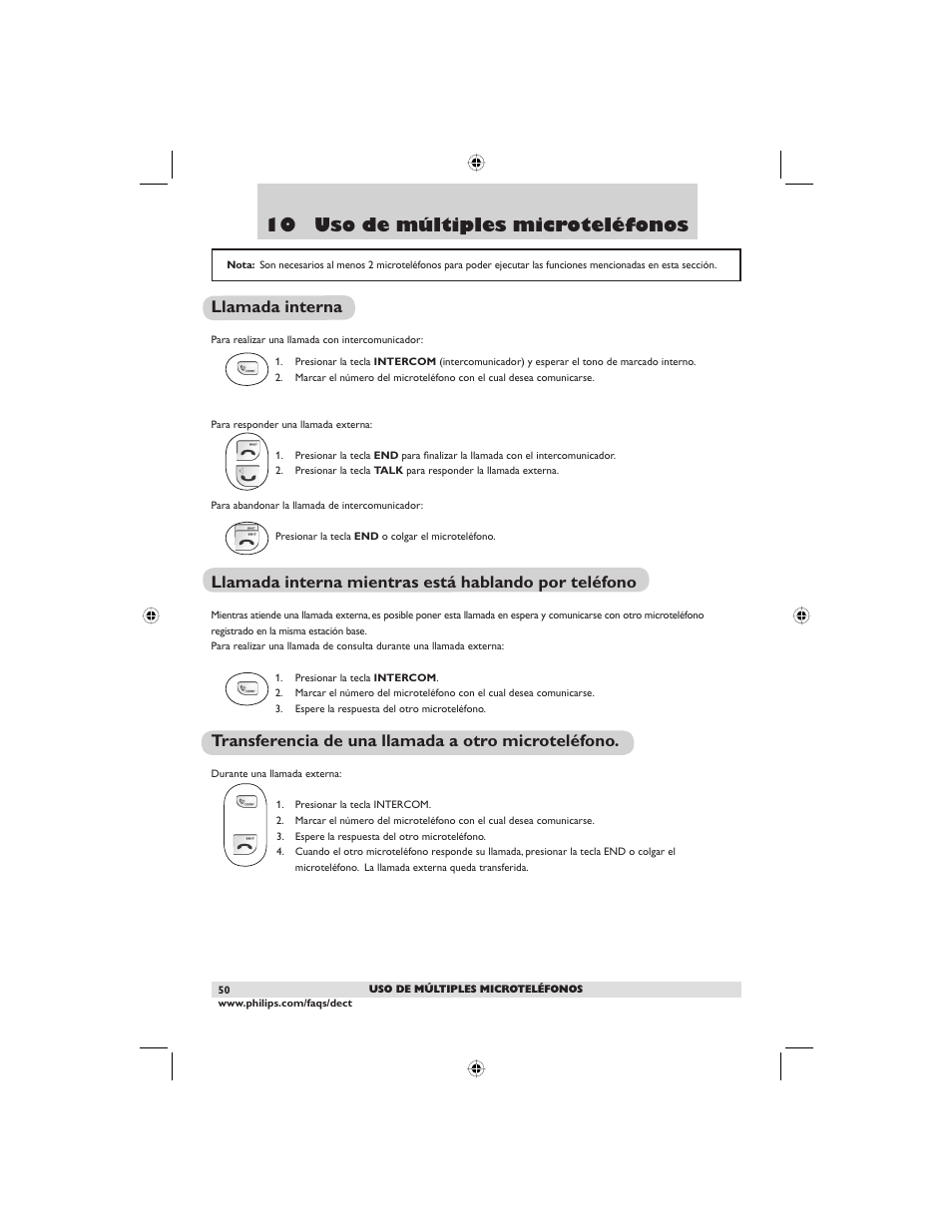 10 uso de múltiples microteléfonos, Llamada interna, Transferencia de una llamada a otro microteléfono | Philips DECT2250G-37 User Manual | Page 52 / 57