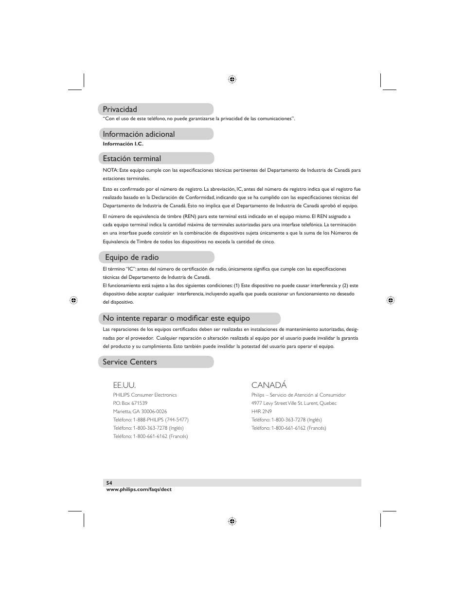 Privacidad, Información adicional, Estación terminal | Equipo de radio, No intente reparar o modifi car este equipo, Service centers ee.uu, Canadá | Philips DECT2250G-37 User Manual | Page 56 / 57