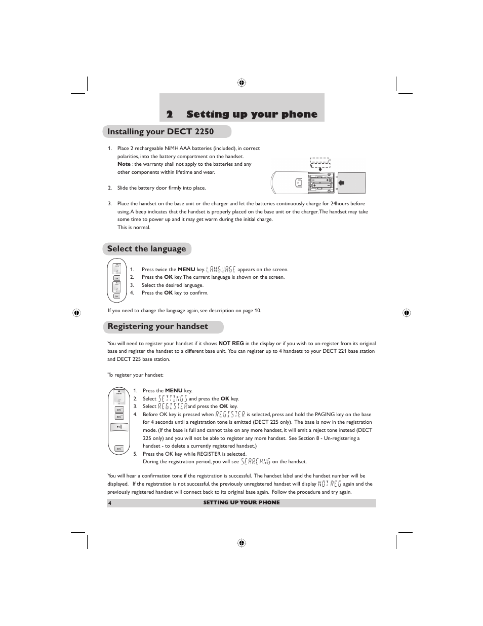 2 setting up your phone, Installing your dect 2250, Select the language | Registering your handset | Philips DECT2250G-37 User Manual | Page 6 / 57