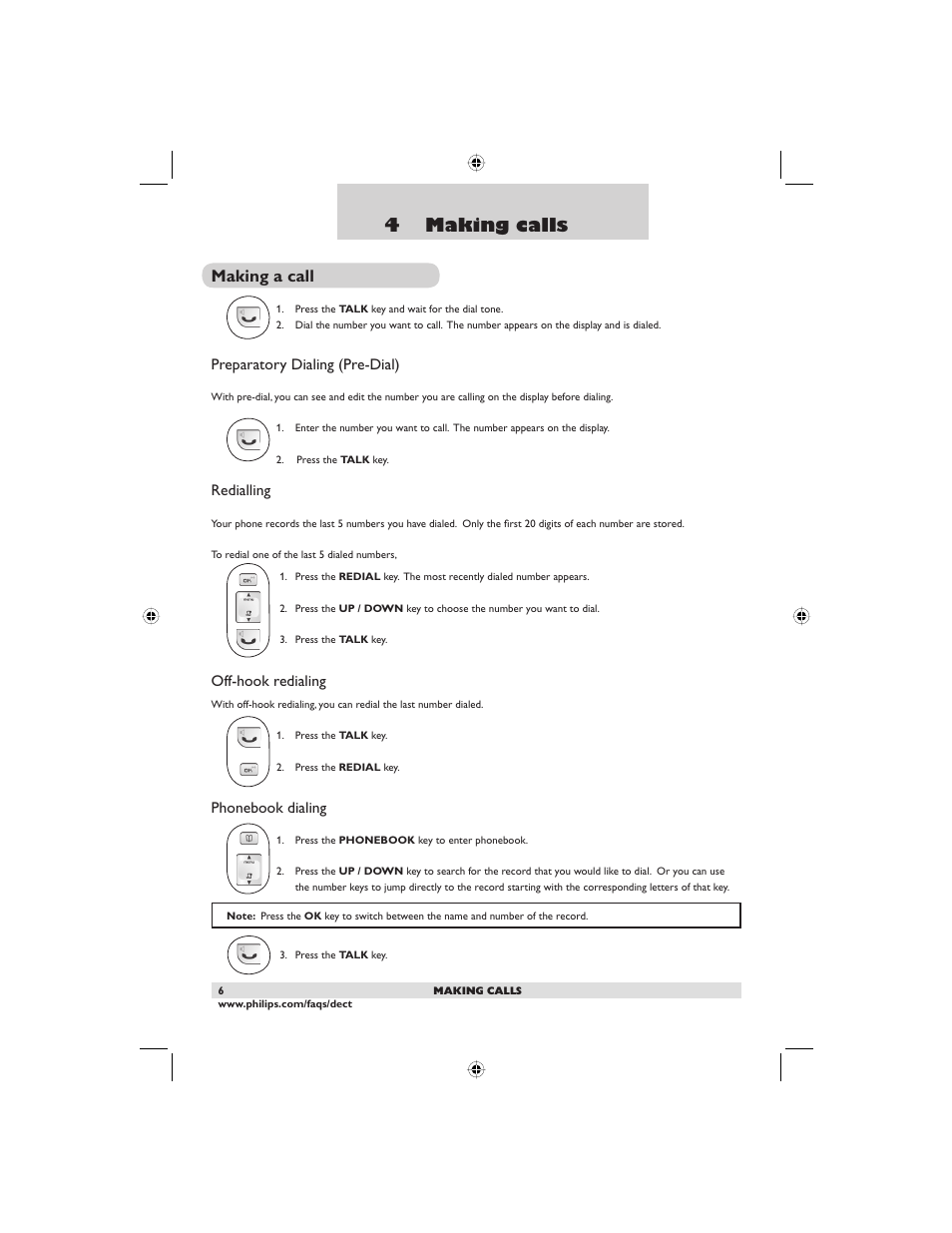 4 making calls, Making a call, Preparatory dialing (pre-dial) | Redialling, Off-hook redialing, Phonebook dialing | Philips DECT2250G-37 User Manual | Page 8 / 57