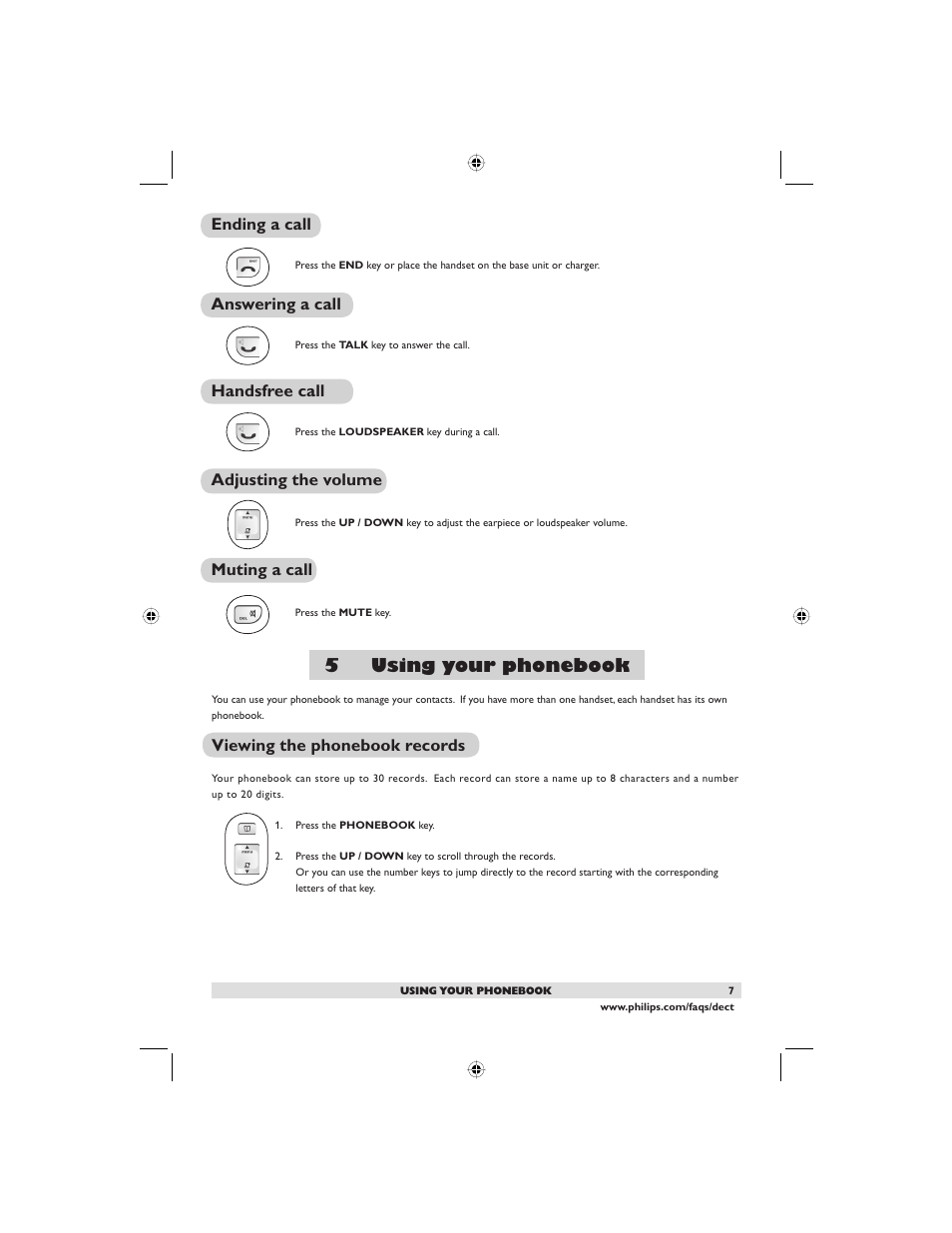 5 using your phonebook, Viewing the phonebook records, Ending a call | Answering a call, Handsfree call, Adjusting the volume, Muting a call | Philips DECT2250G-37 User Manual | Page 9 / 57