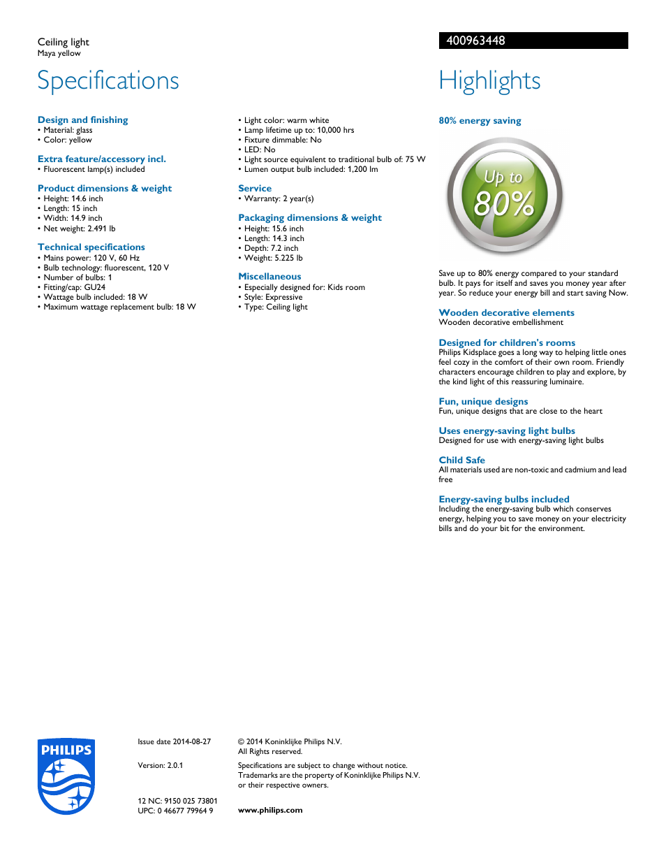 Specifications, Highlights | Philips 400963448 User Manual | Page 2 / 2
