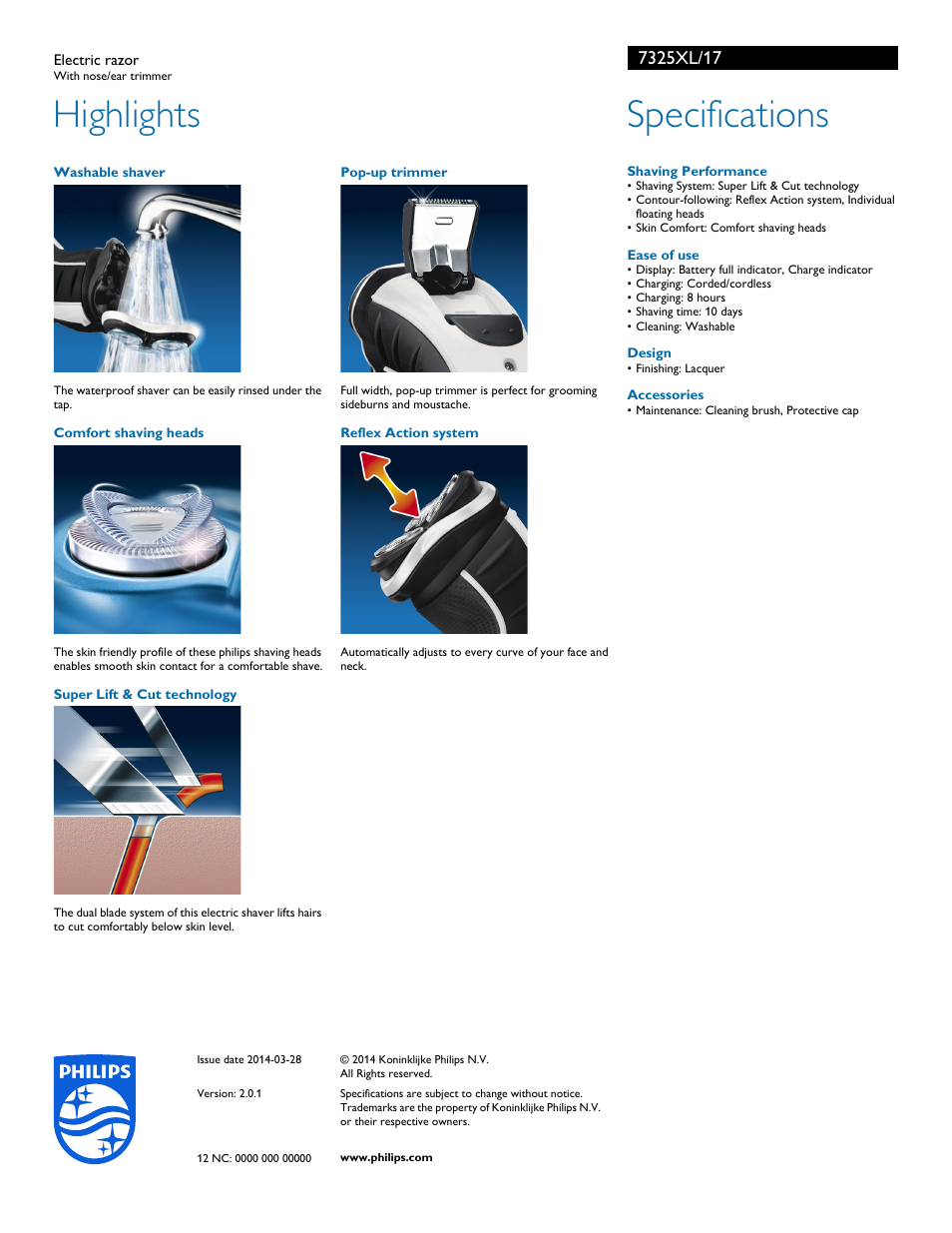 Highlights, Specifications | Philips 7325XL-17 User Manual | Page 2 / 2