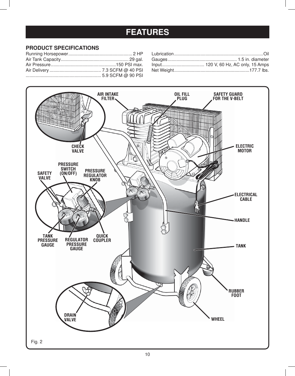 Product specifications, Features | Astro Pneumatic 29 Gallon Belt Driven Air Compressor 68127 User Manual | Page 10 / 26