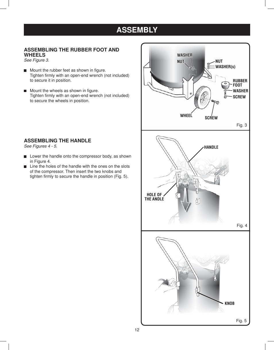 Assembling the rubber foot and wheels, Assembling the handle, Assembly | Astro Pneumatic 29 Gallon Belt Driven Air Compressor 68127 User Manual | Page 12 / 26