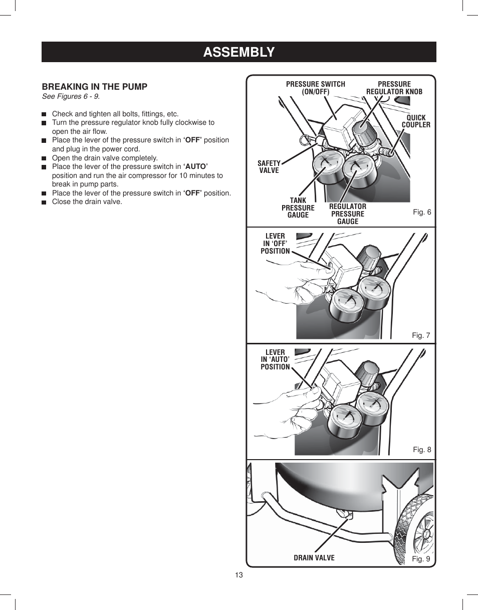 Breaking in the pump, Assembly | Astro Pneumatic 29 Gallon Belt Driven Air Compressor 68127 User Manual | Page 13 / 26