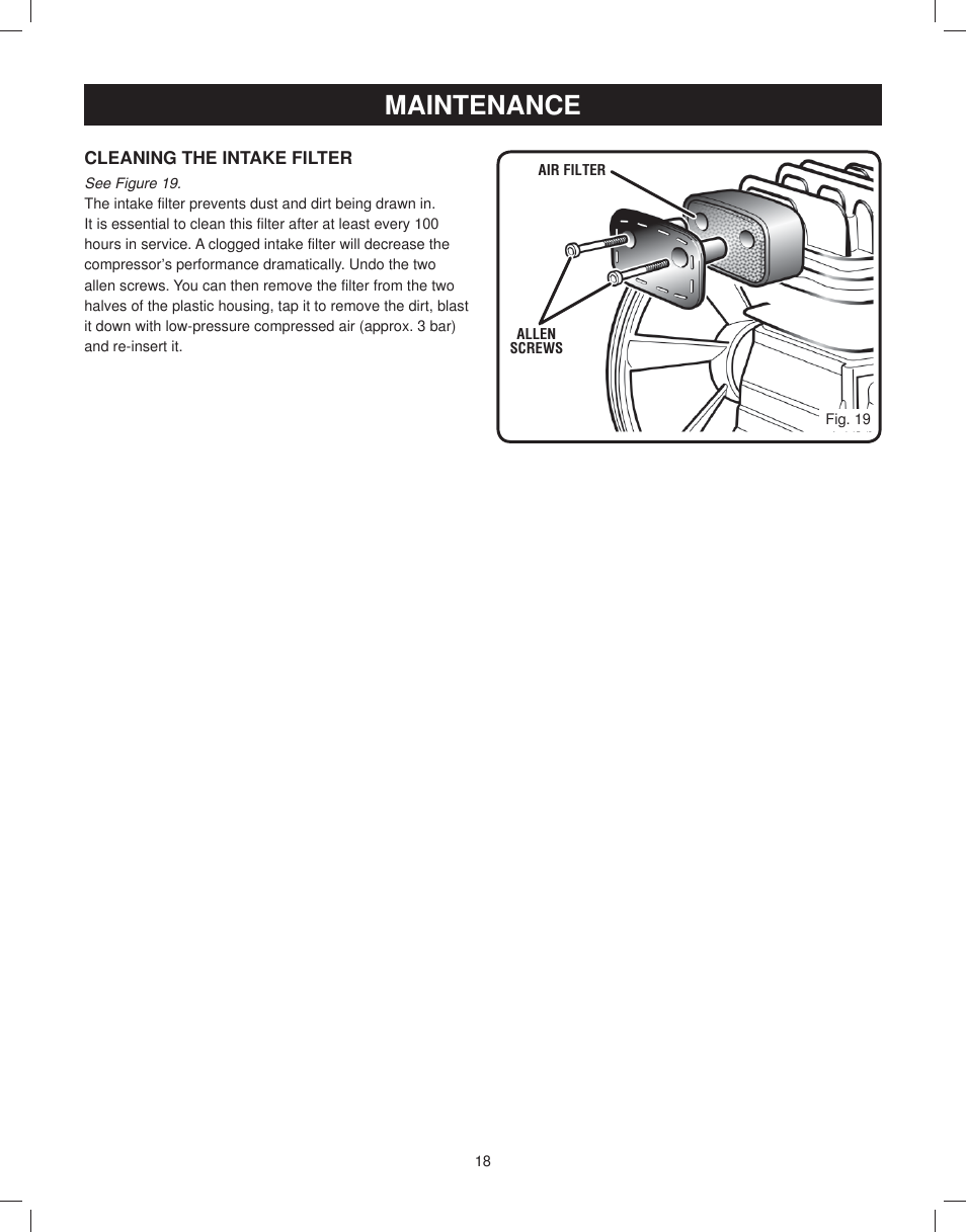 Cleaning the intake filter, Maintenance | Astro Pneumatic 29 Gallon Belt Driven Air Compressor 68127 User Manual | Page 18 / 26