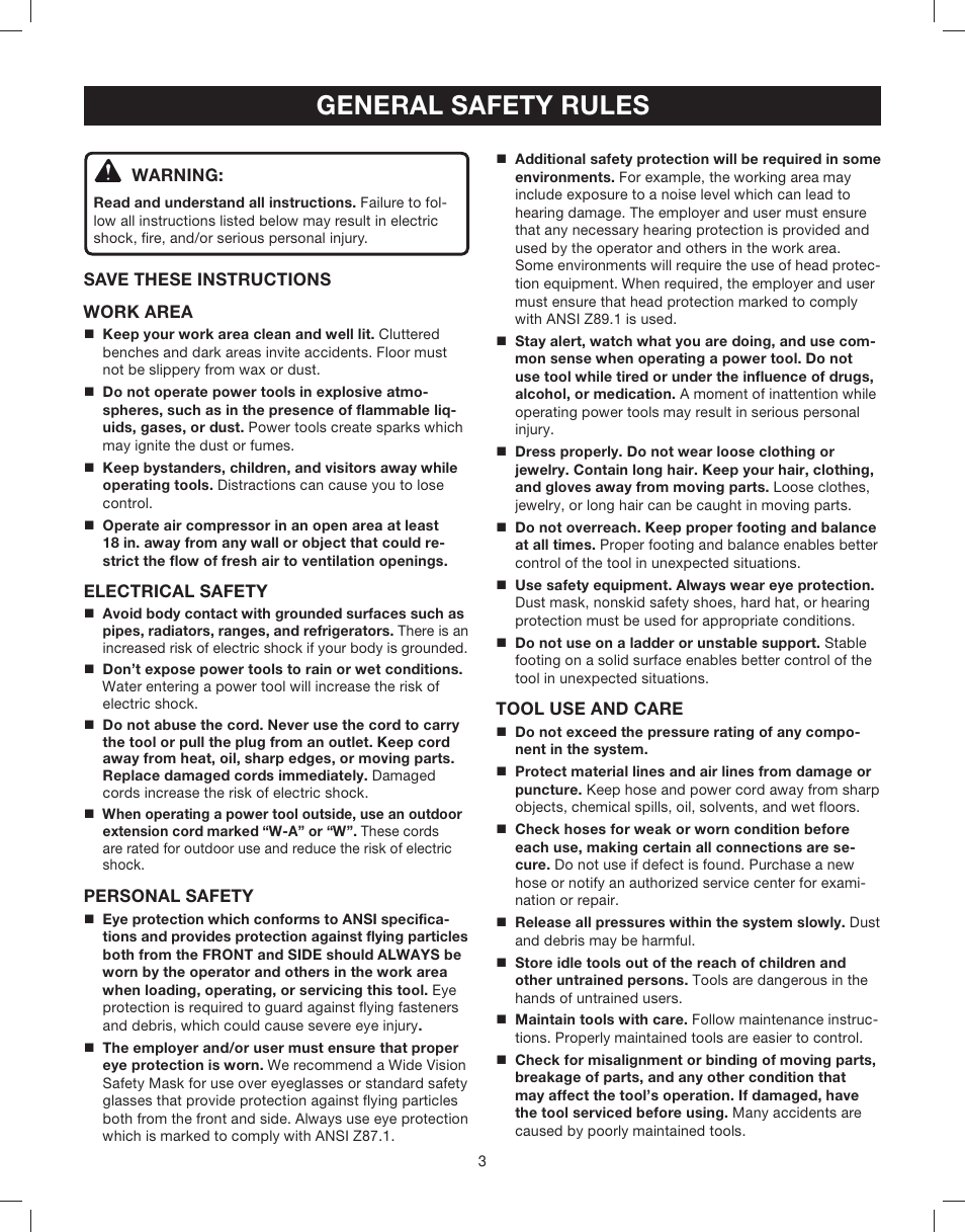 Save these instructions work area, Electrical safety, Personal safety | Tool use and care, General safety rules | Astro Pneumatic 29 Gallon Belt Driven Air Compressor 68127 User Manual | Page 3 / 26