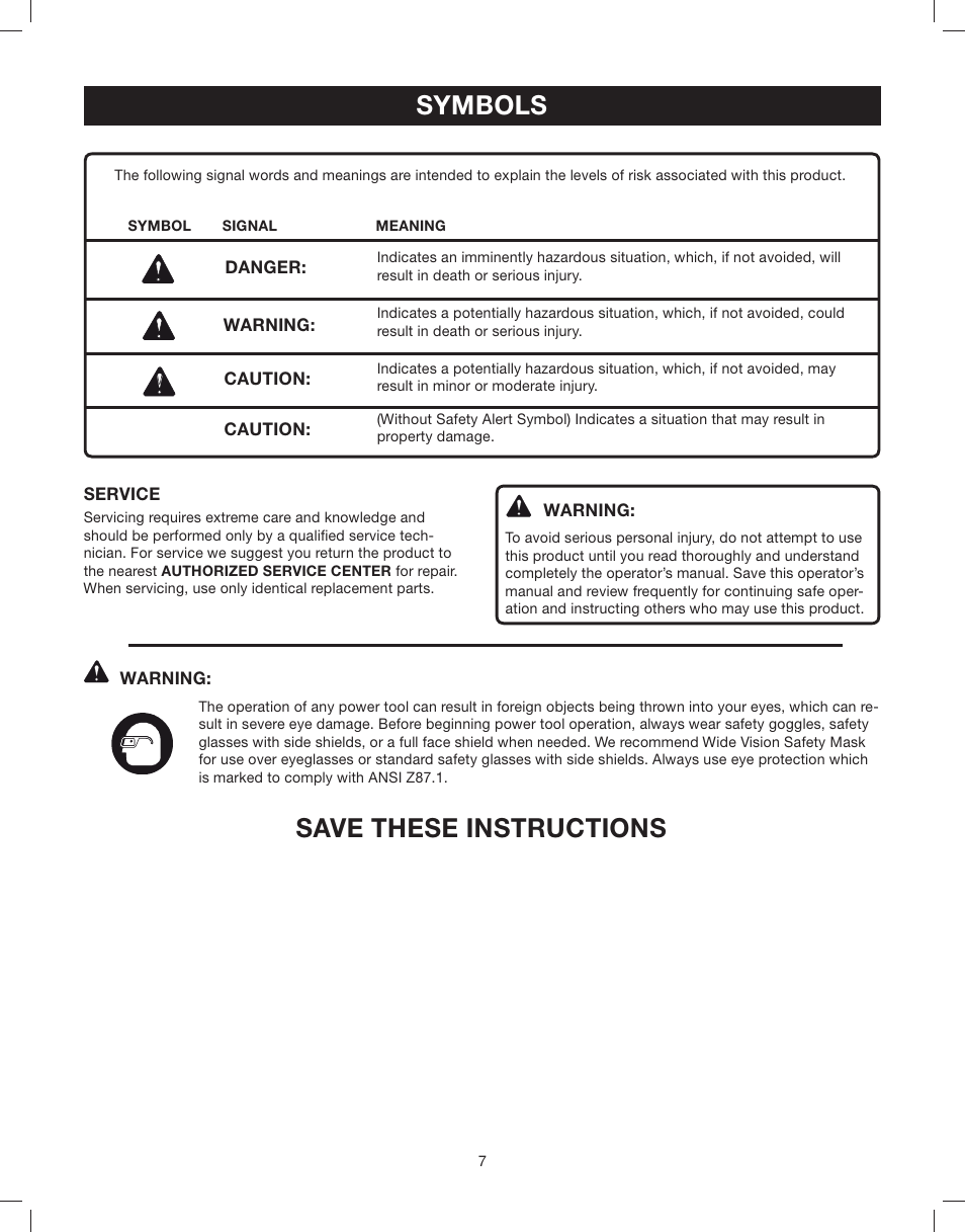 Service, Warning, Symbols | Save these instructions | Astro Pneumatic 29 Gallon Belt Driven Air Compressor 68127 User Manual | Page 7 / 26