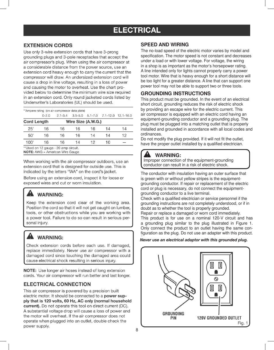 Extension cords, Electrical connection, Speed and wiring | Grounding instructions, Electrical | Astro Pneumatic 29 Gallon Belt Driven Air Compressor 68127 User Manual | Page 8 / 26