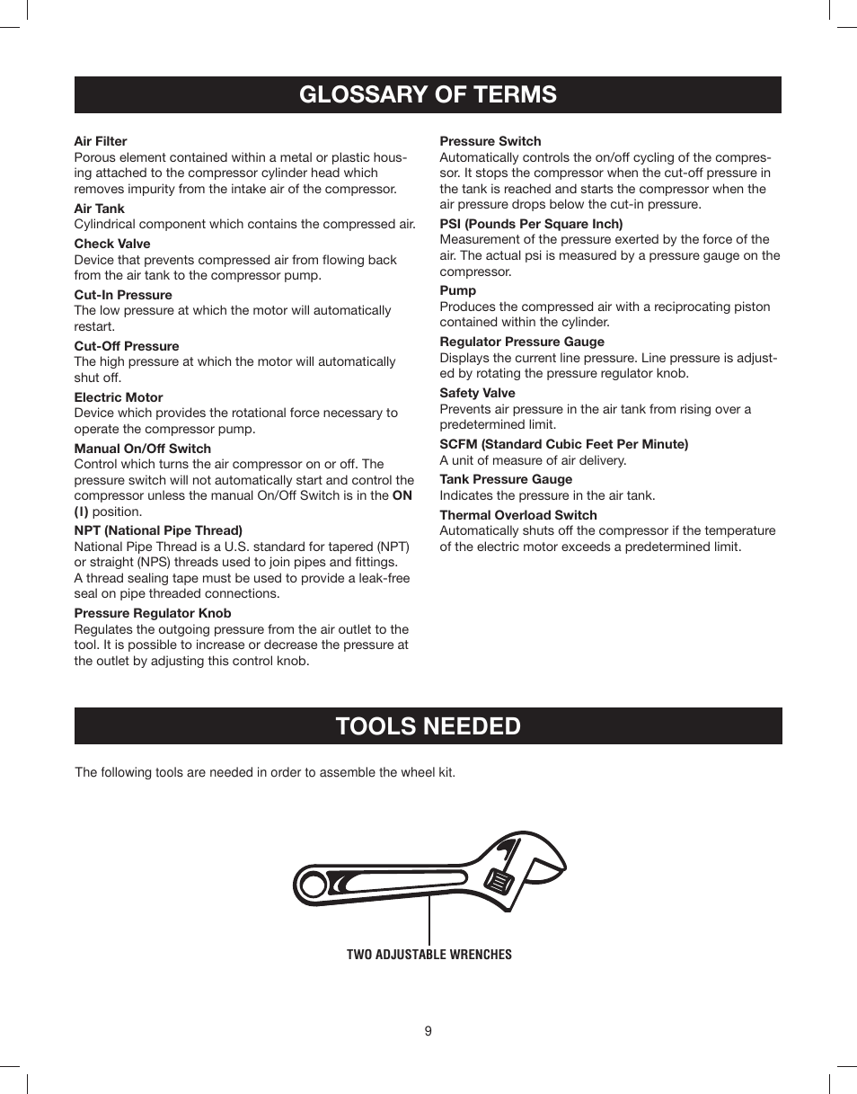 Glossary of terms, Tools needed | Astro Pneumatic 29 Gallon Belt Driven Air Compressor 68127 User Manual | Page 9 / 26