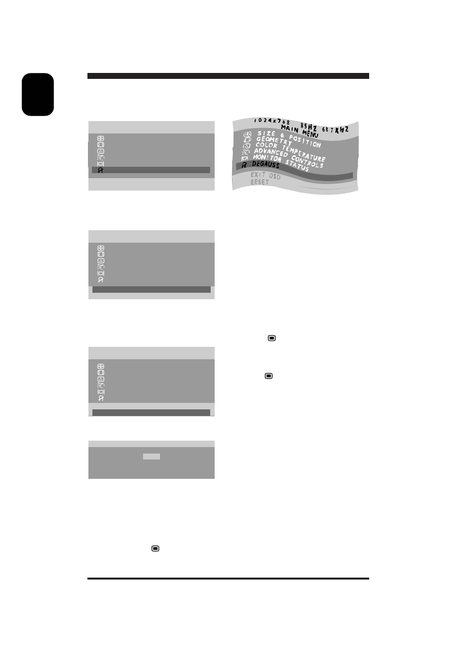 Degauss exit osd reset, Main menu, Press to access main menu | Press "+" or "-" button to move the bar to "reset, 2nd level menu | Philips 19C2502E11 User Manual | Page 16 / 22