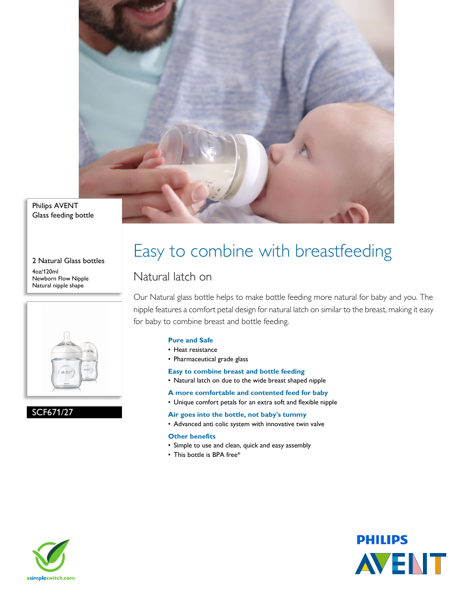 Philips AVENT Glass feeding bottle SCF671-27 2 Natural Glass bottles 4oz-120ml Newborn Flow Nipple Natural nipple shape User Manual | 3 pages