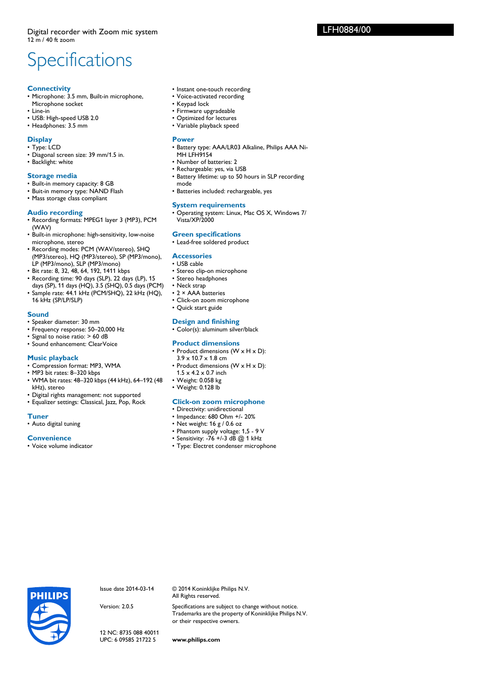 Specifications | Philips LFH0884-00 User Manual | Page 3 / 3