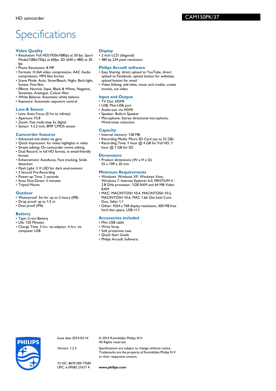 Specifications | Philips CAM150PK-37 User Manual | Page 3 / 3