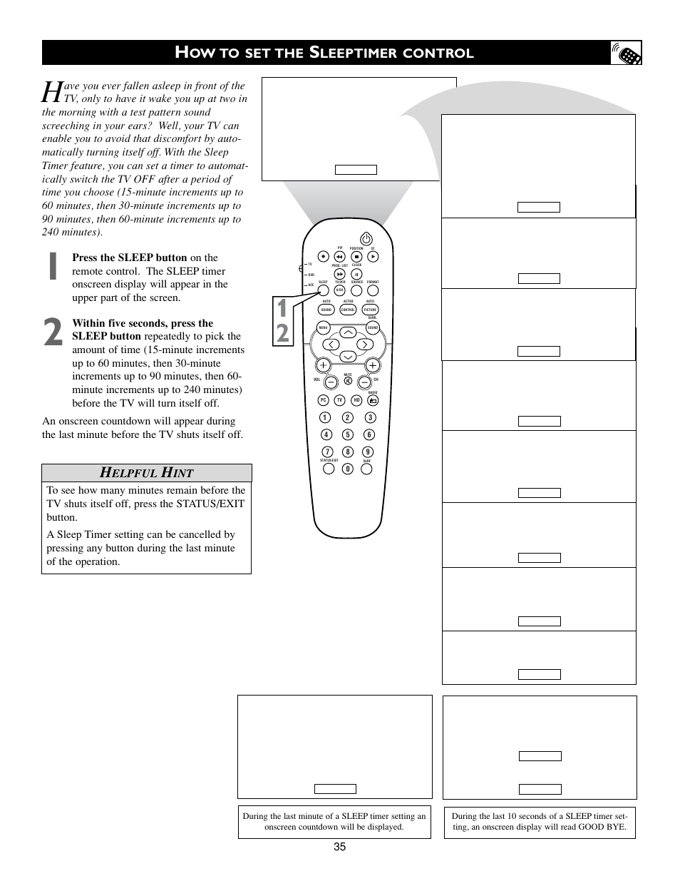 Ow to set the, Leeptimer control, Elpful | Philips 17PF8946A-37 User Manual | Page 35 / 64