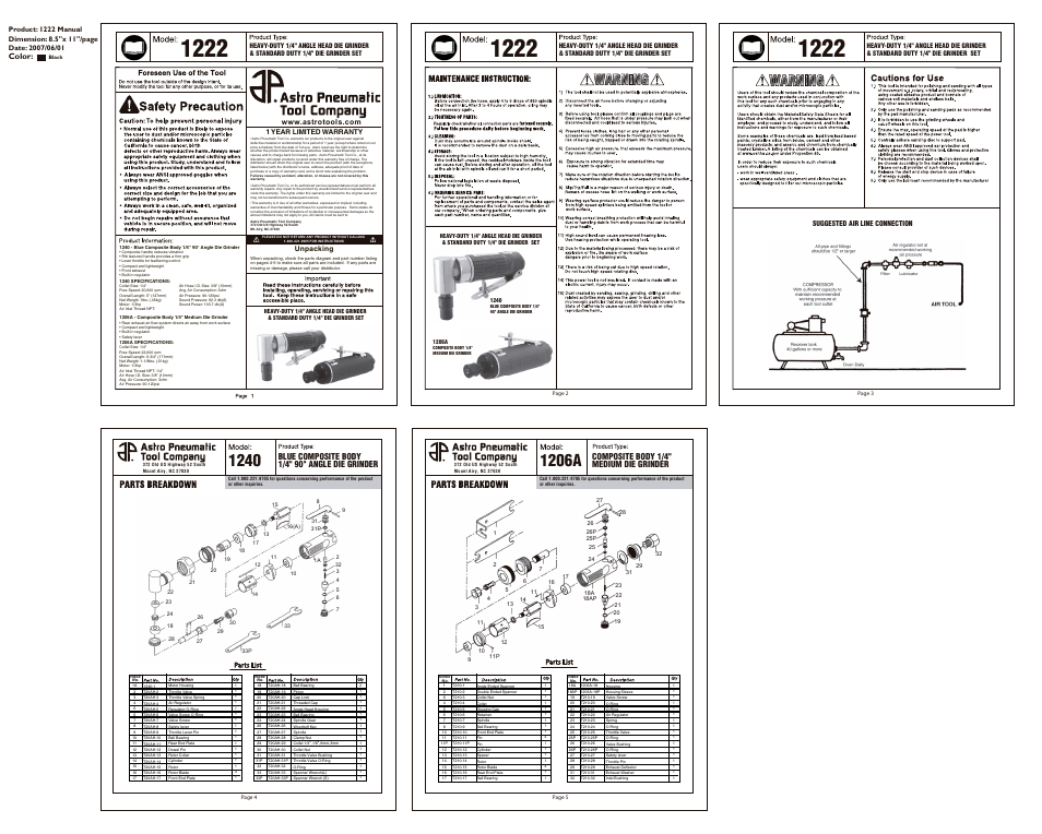 1206a, Blue composite body 1/4" 90° angle die grinder, Composite body 1/4" medium die grinder | Astro Pneumatic 1222 User Manual | Page 2 / 3