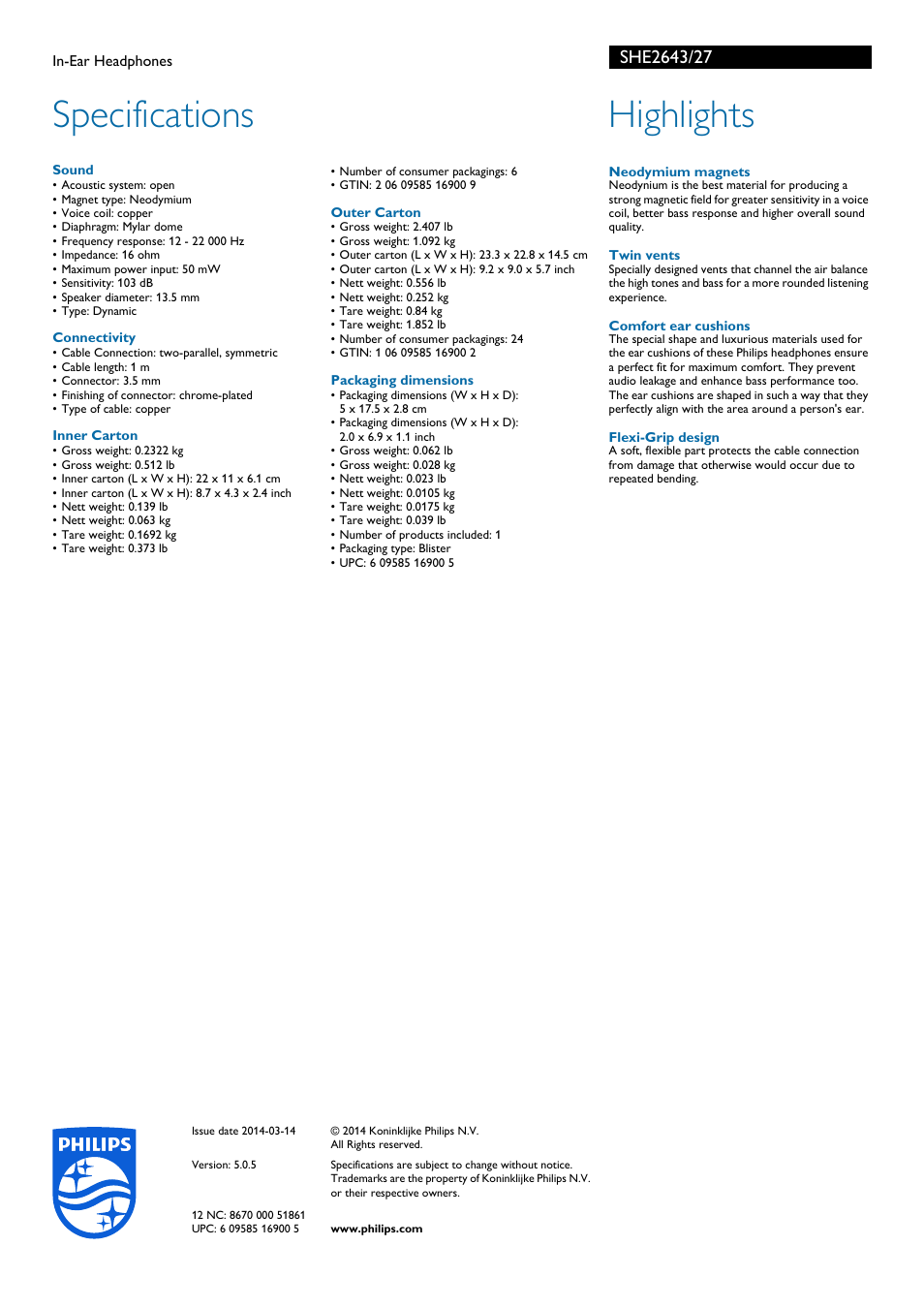 Specifications, Highlights | Philips SHE2643-27 User Manual | Page 2 / 2