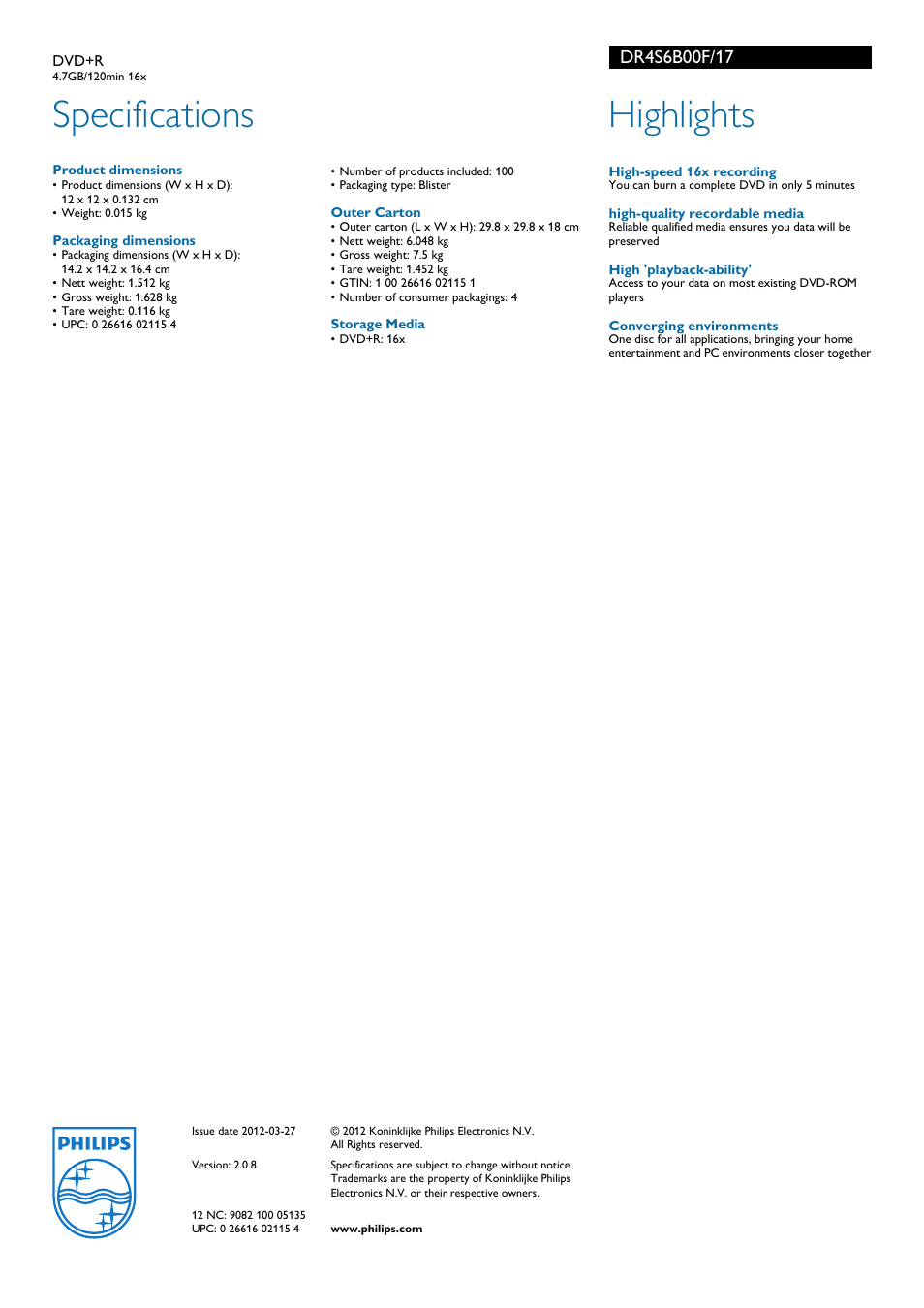 Specifications, Highlights | Philips DR4S6B00F-17 User Manual | Page 2 / 2