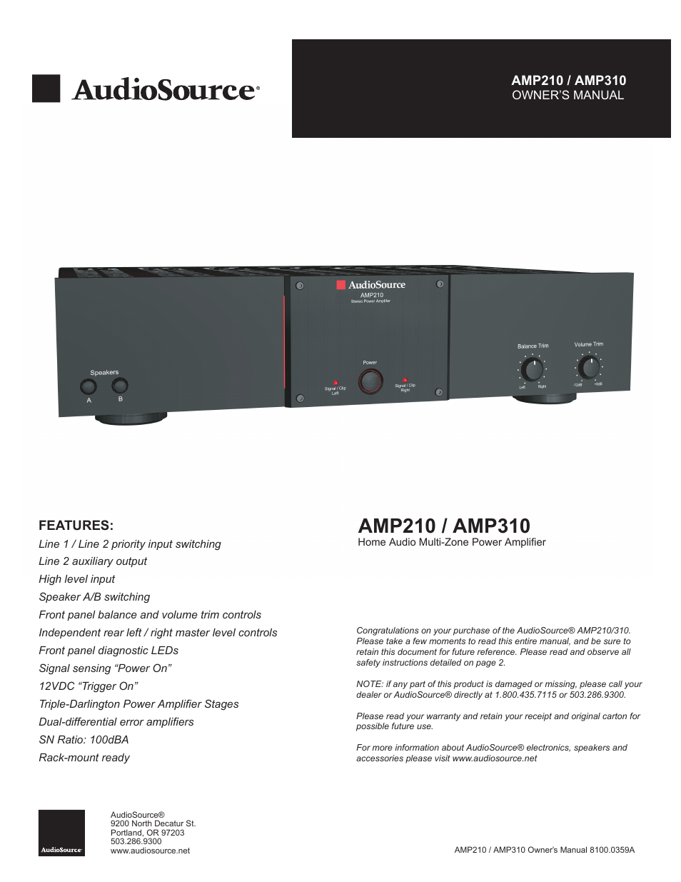 AudioSource AMP210 / AMP310 User Manual | 16 pages