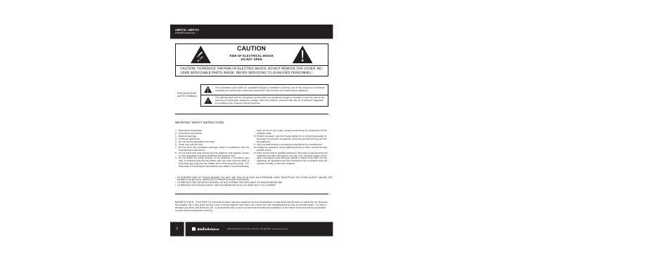 Caution, Risk of electrical shock do not open | AudioSource AMP210 / AMP310 User Manual | Page 2 / 16