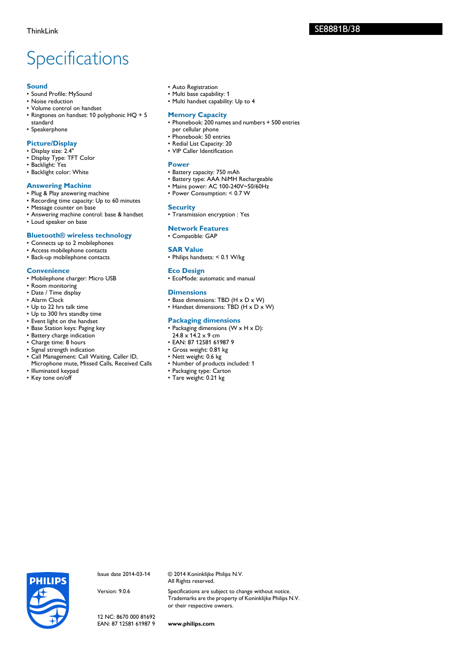 Specifications | Philips ThinkLink SE8881B User Manual | Page 3 / 3