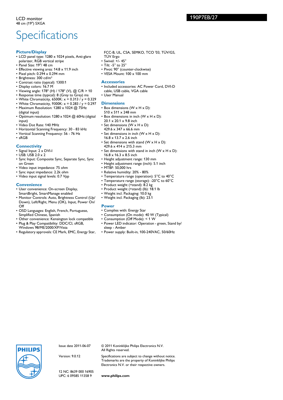 Specifications | Philips 190P7EB-27 User Manual | Page 3 / 3