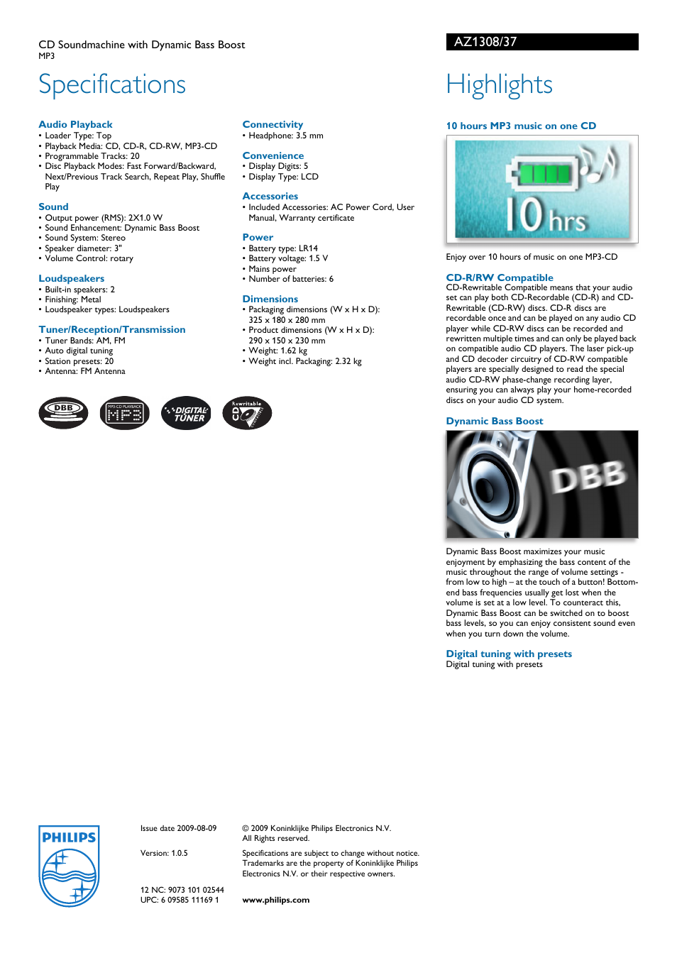 Specifications, Highlights | Philips AZ1308-37B User Manual | Page 2 / 2