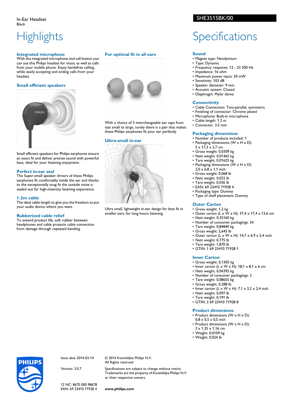 Highlights, Specifications | Philips SHE3515BK-00 User Manual | Page 2 / 2