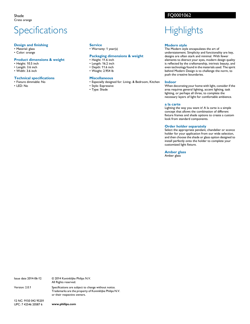 Specifications, Highlights | Philips FQ0001062 User Manual | Page 2 / 2