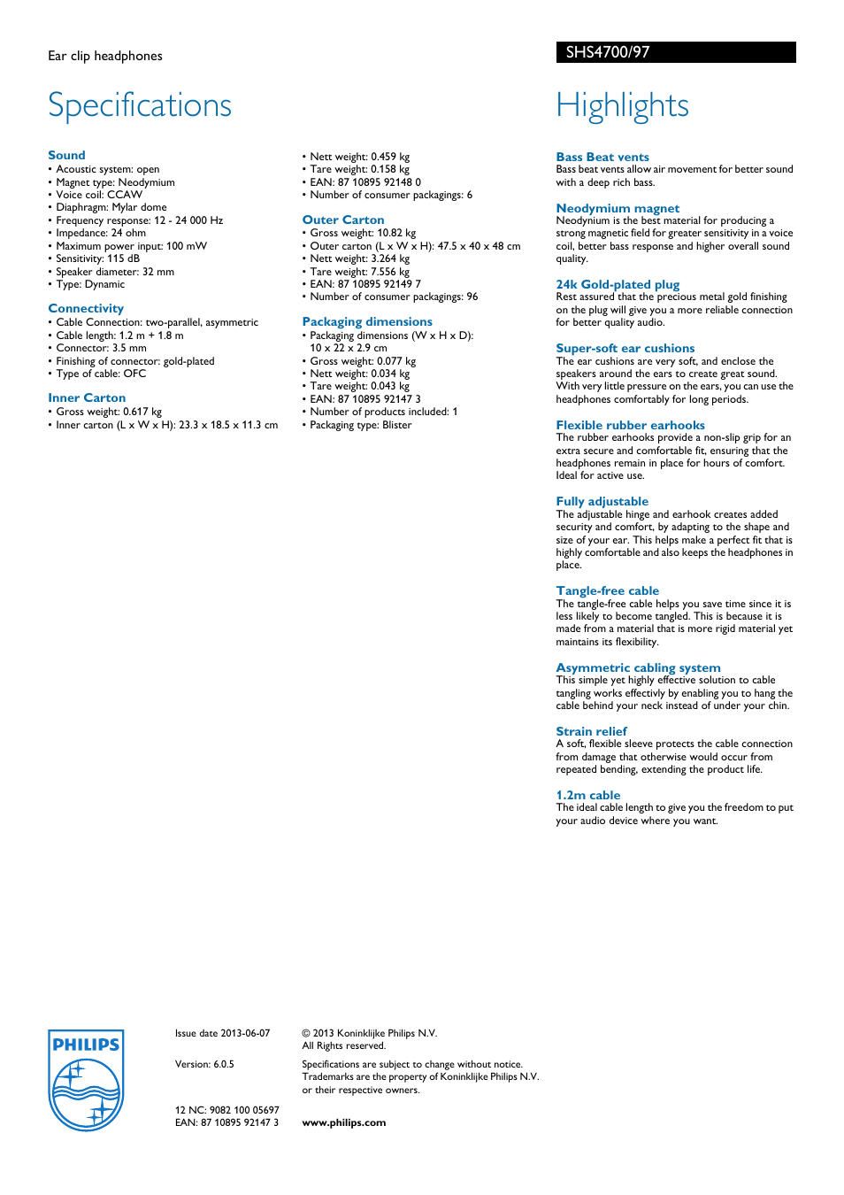 Specifications, Highlights | Philips SHS4700-97 User Manual | Page 2 / 2