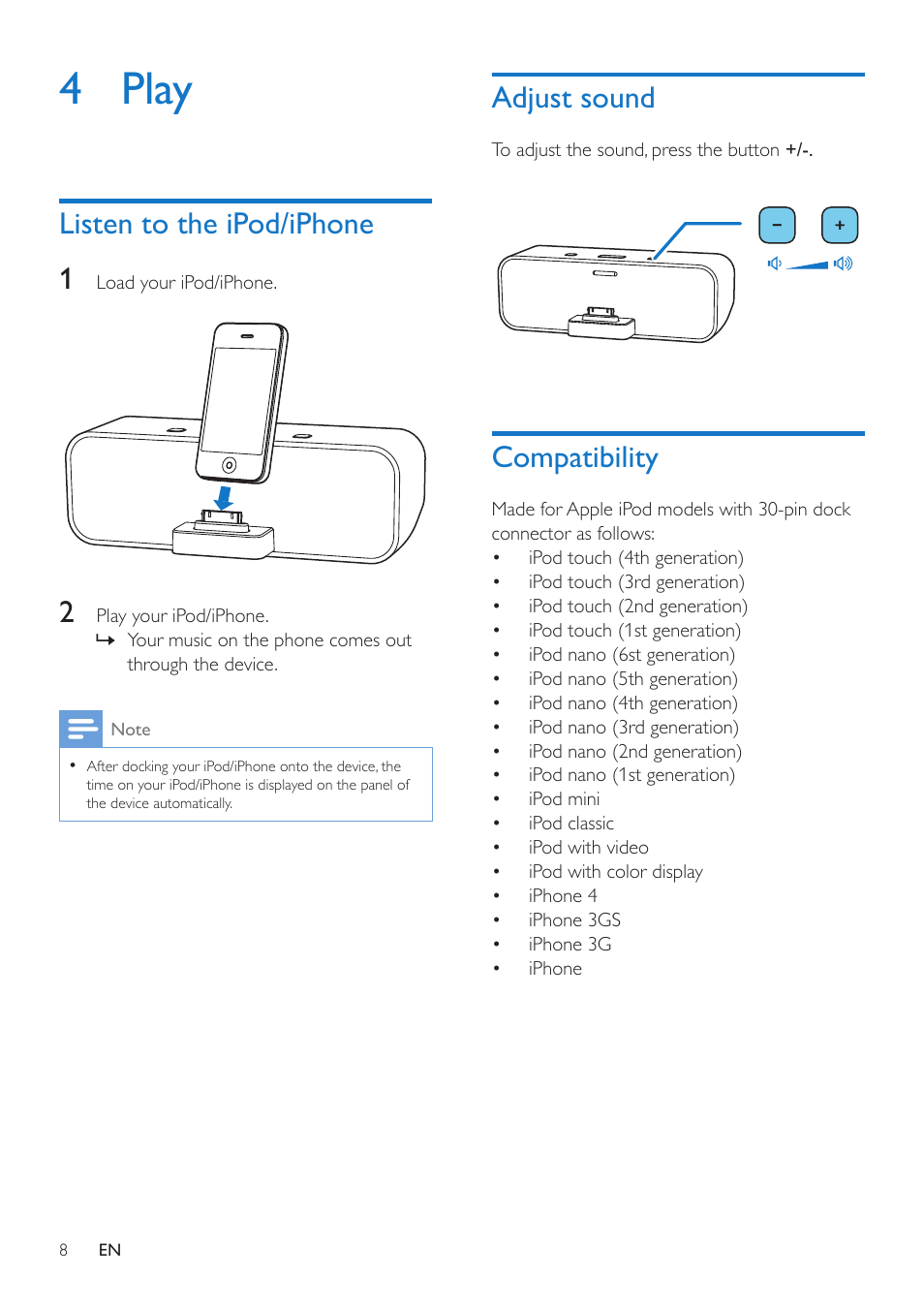 4 play, Listen to the ipod/iphone, Adjust sound | Compatibility, Compatibility 8 | Philips AD200-37 User Manual | Page 10 / 16