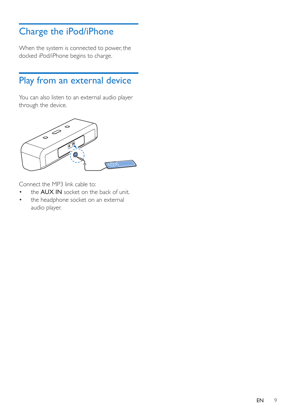 Charge the ipod/iphone, Play from an external device | Philips AD200-37 User Manual | Page 11 / 16