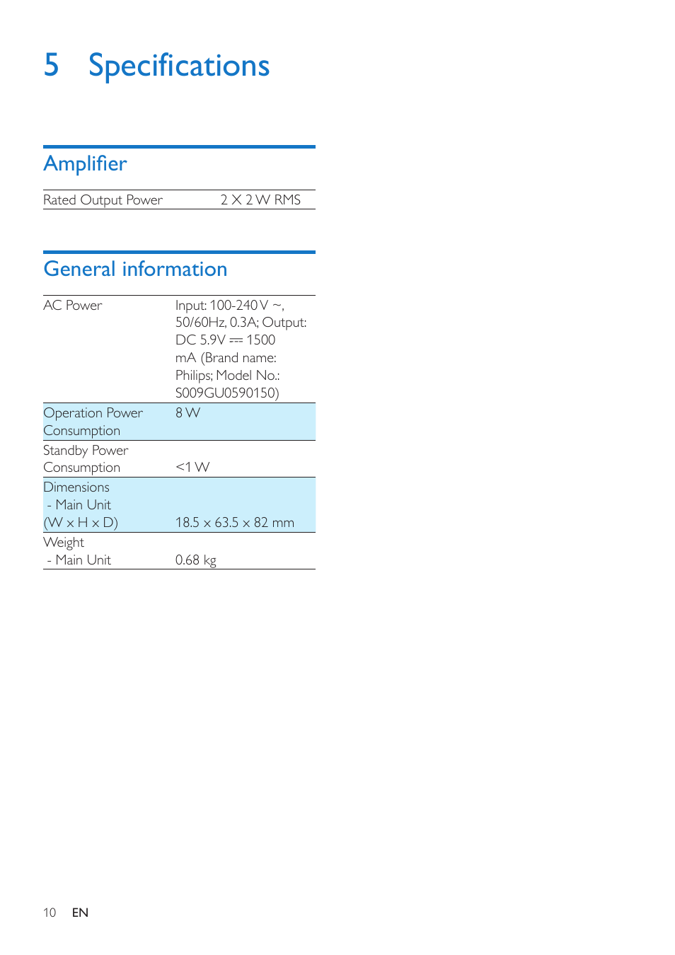 5 specifications, Amplifier, General information | Philips AD200-37 User Manual | Page 12 / 16