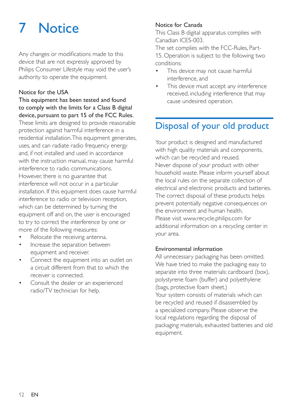 7 notice, Disposal of your old product | Philips AD200-37 User Manual | Page 14 / 16