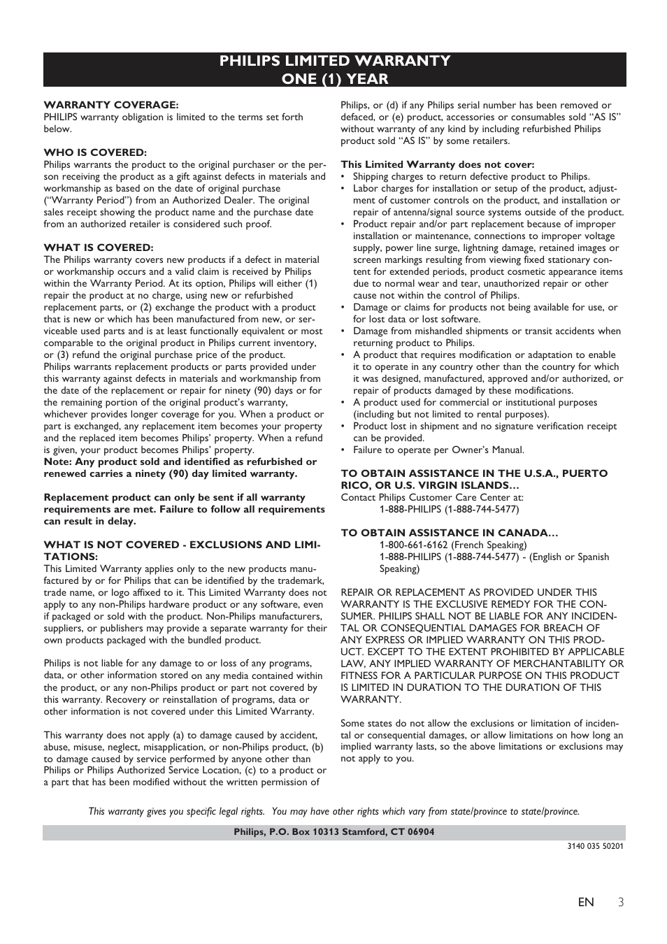 Philips limited warranty one (1) year | Philips AD200-37 User Manual | Page 5 / 16