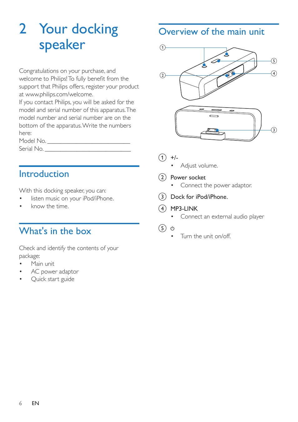 2 your docking speaker, Introduction, What's in the box | Overview of the main unit, Introduction 6 | Philips AD200-37 User Manual | Page 8 / 16