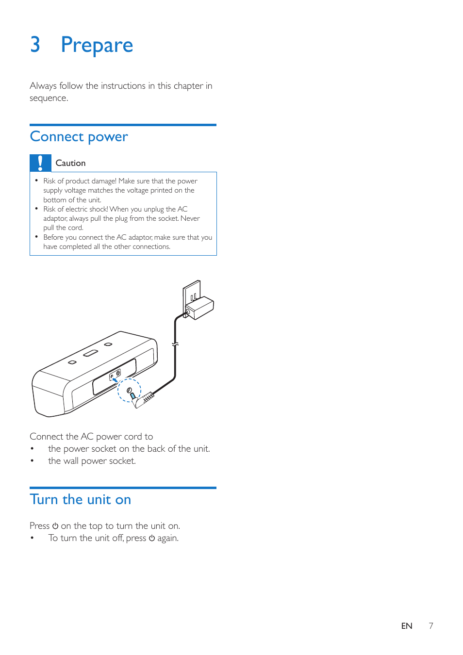 3 prepare, Connect power, Turn the unit on | Philips AD200-37 User Manual | Page 9 / 16