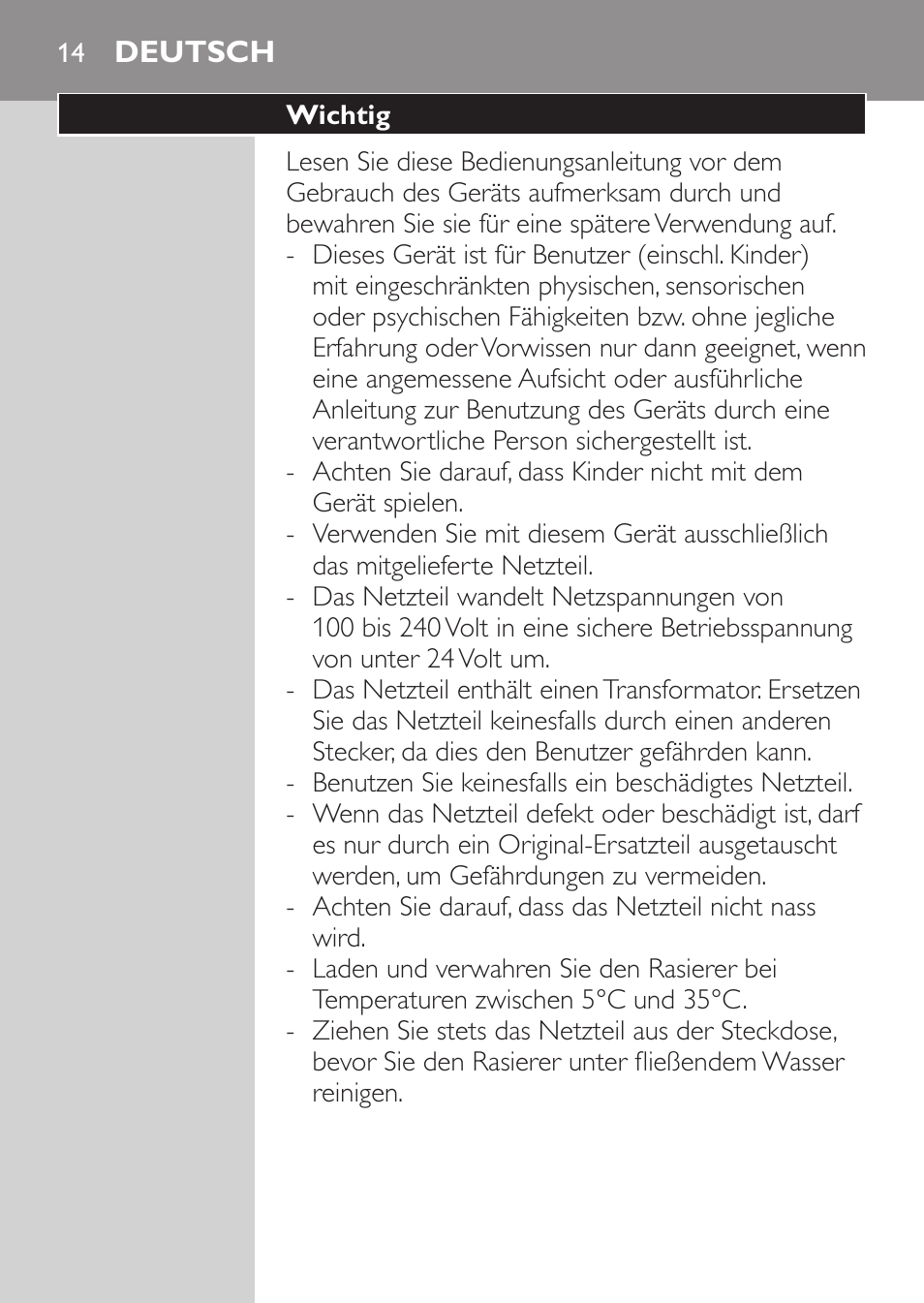 Deutsch, Wichtig | Philips HQ7260-17 User Manual | Page 12 / 88