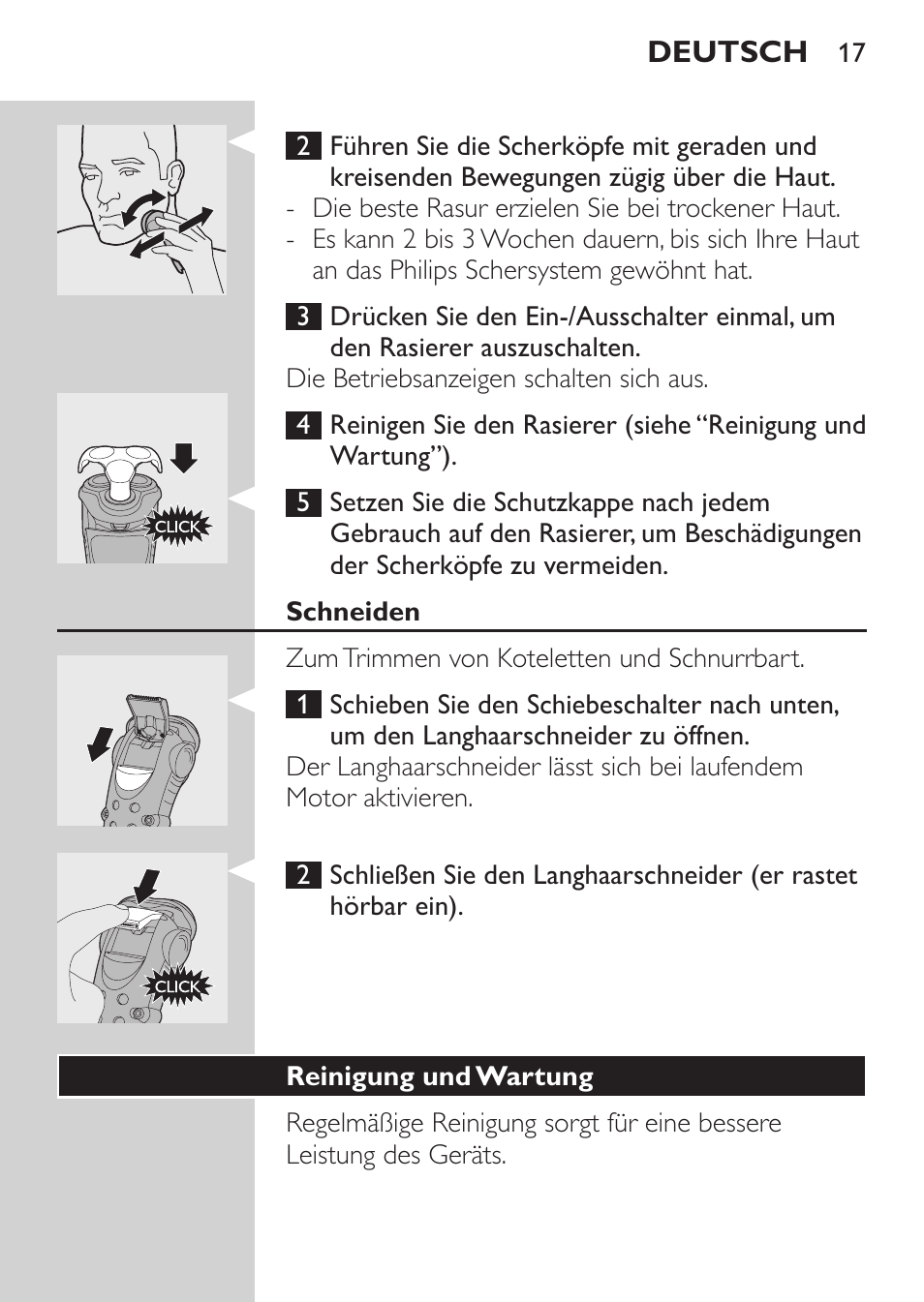 Schneiden, Reinigung und wartung | Philips HQ7260-17 User Manual | Page 15 / 88
