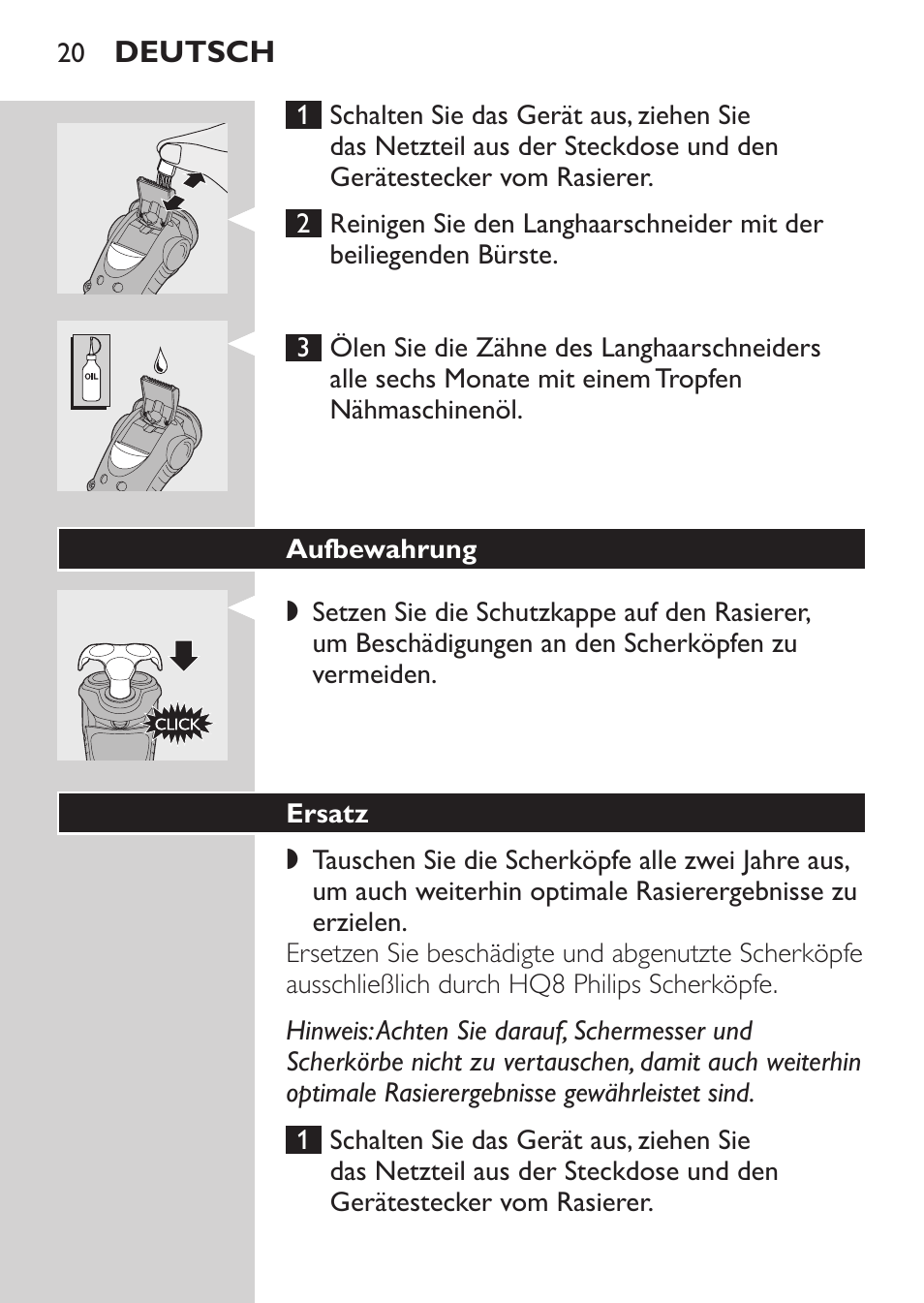 Aufbewahrung, Ersatz | Philips HQ7260-17 User Manual | Page 18 / 88