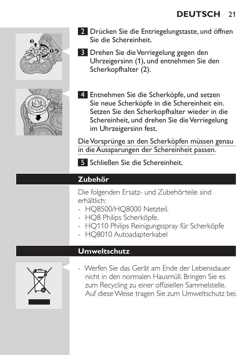 Zubehör, Umweltschutz | Philips HQ7260-17 User Manual | Page 19 / 88