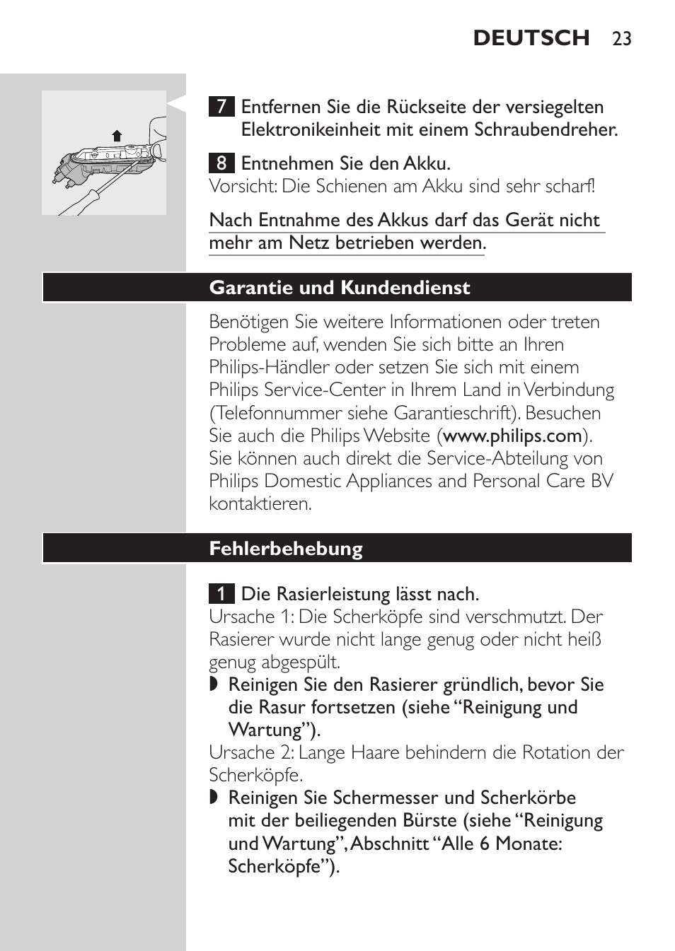 Garantie und kundendienst, Fehlerbehebung | Philips HQ7260-17 User Manual | Page 21 / 88