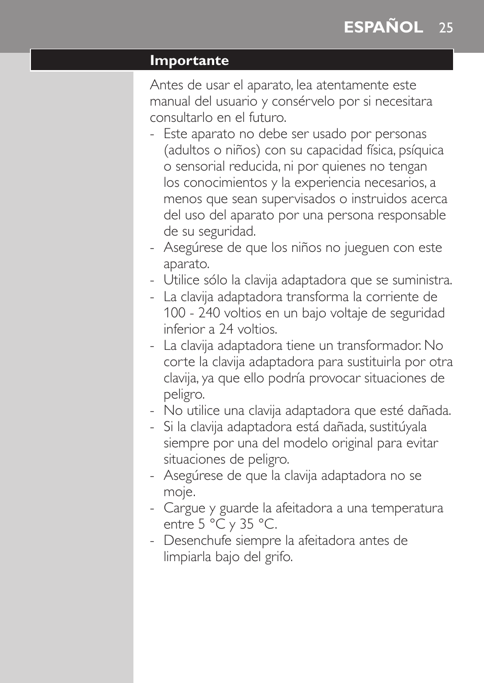 Español, Importante | Philips HQ7260-17 User Manual | Page 23 / 88