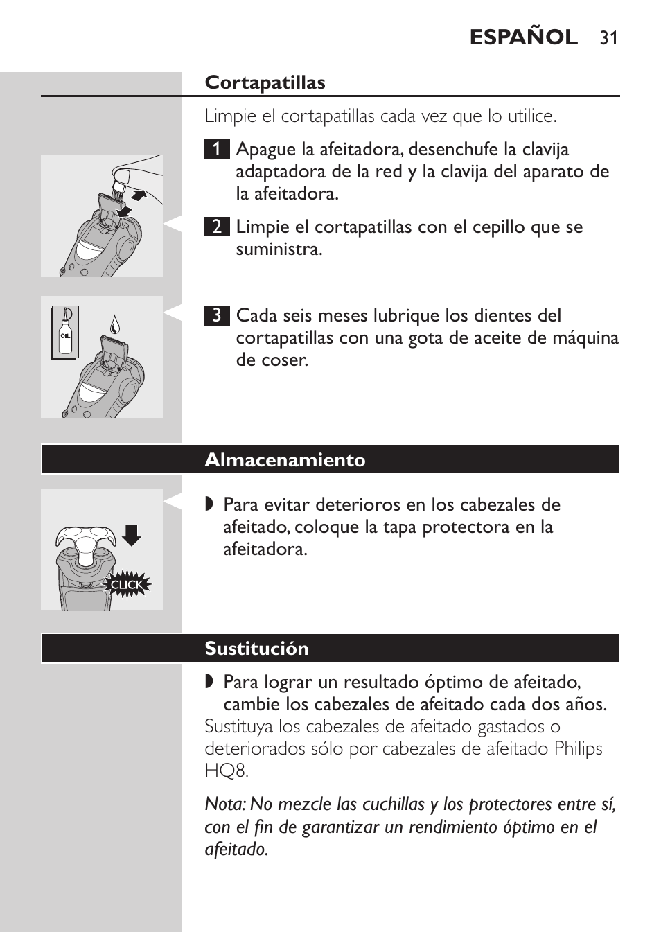 Almacenamiento, Sustitución | Philips HQ7260-17 User Manual | Page 29 / 88